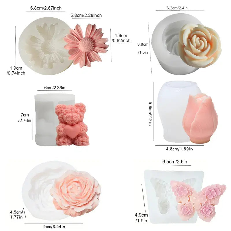 Set 6 Matrițe 3D din Silicon Flori, Lalea, Ursuleț, Fluture