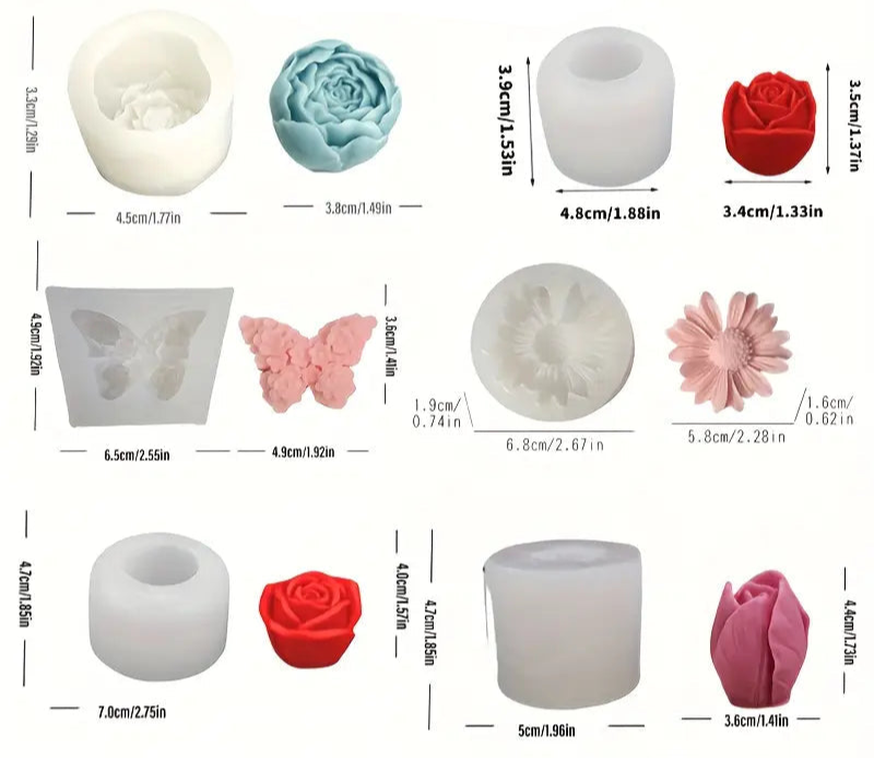 Set 6 Matrițe 3D din Silicon – Flori, Trandafiri, Lalea, Fluture