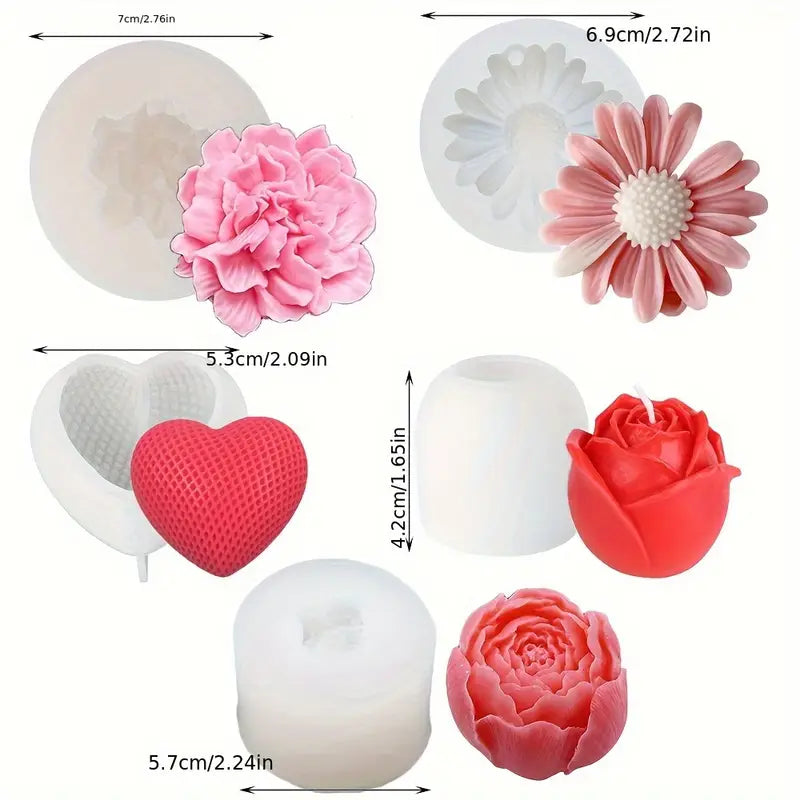 Set 5 Matrițe 3D din Silicon – Flori & Inimă